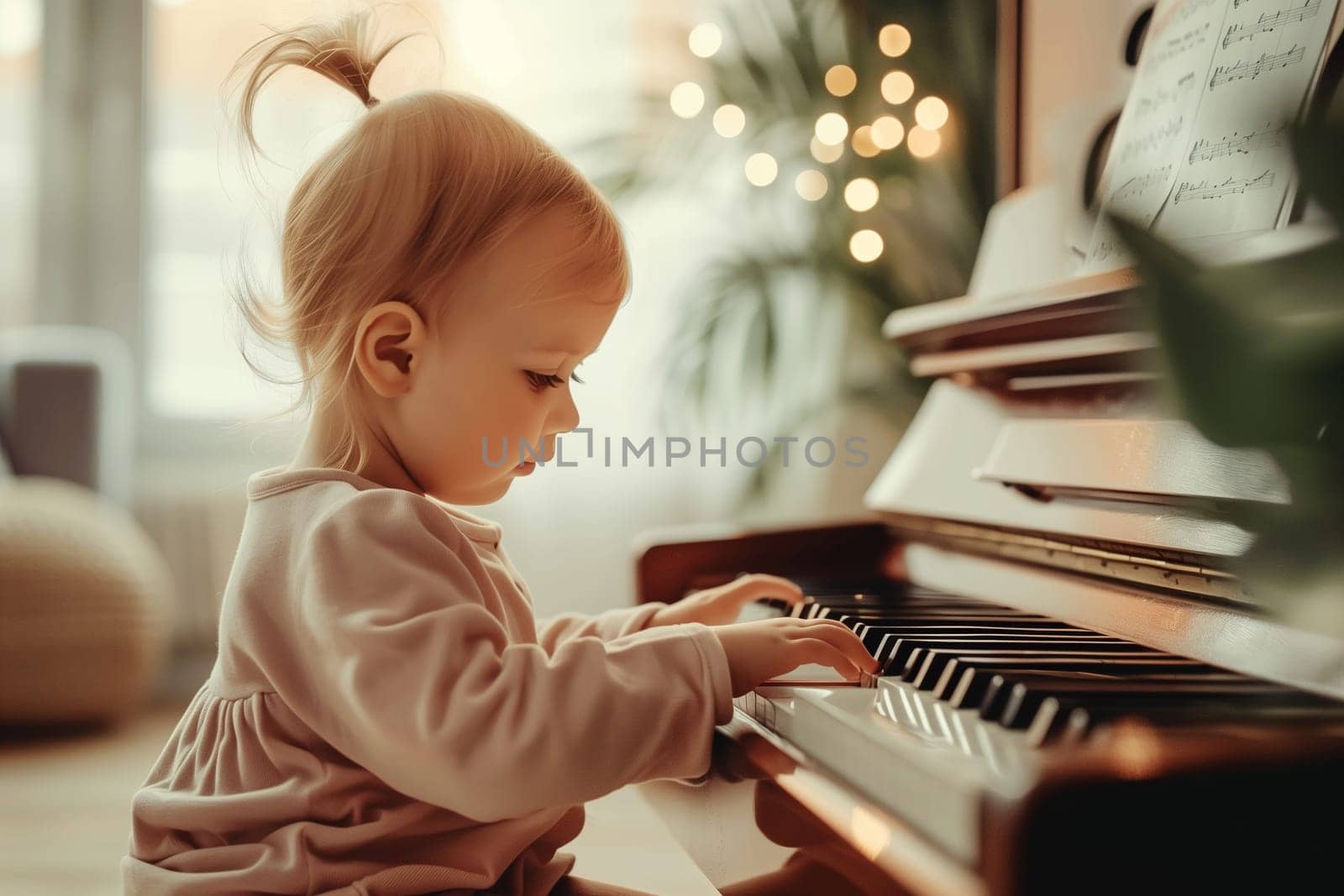 Baby little girl playing music on piano at home, creativity and hobby