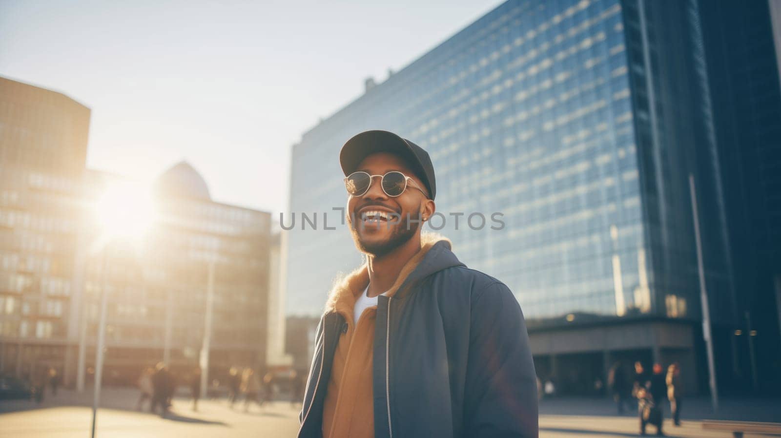 Fashionable portrait of inspired stylish happy laughing black American young man in summer sunny city