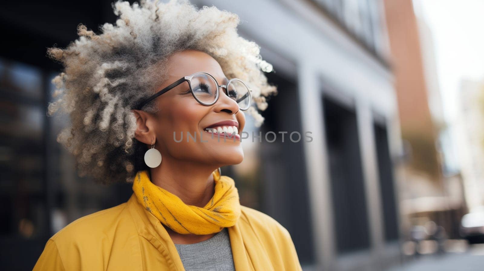 Portrait of stylish happy hispanic mature woman in glasses with curly gray hair standing in the city, looking away