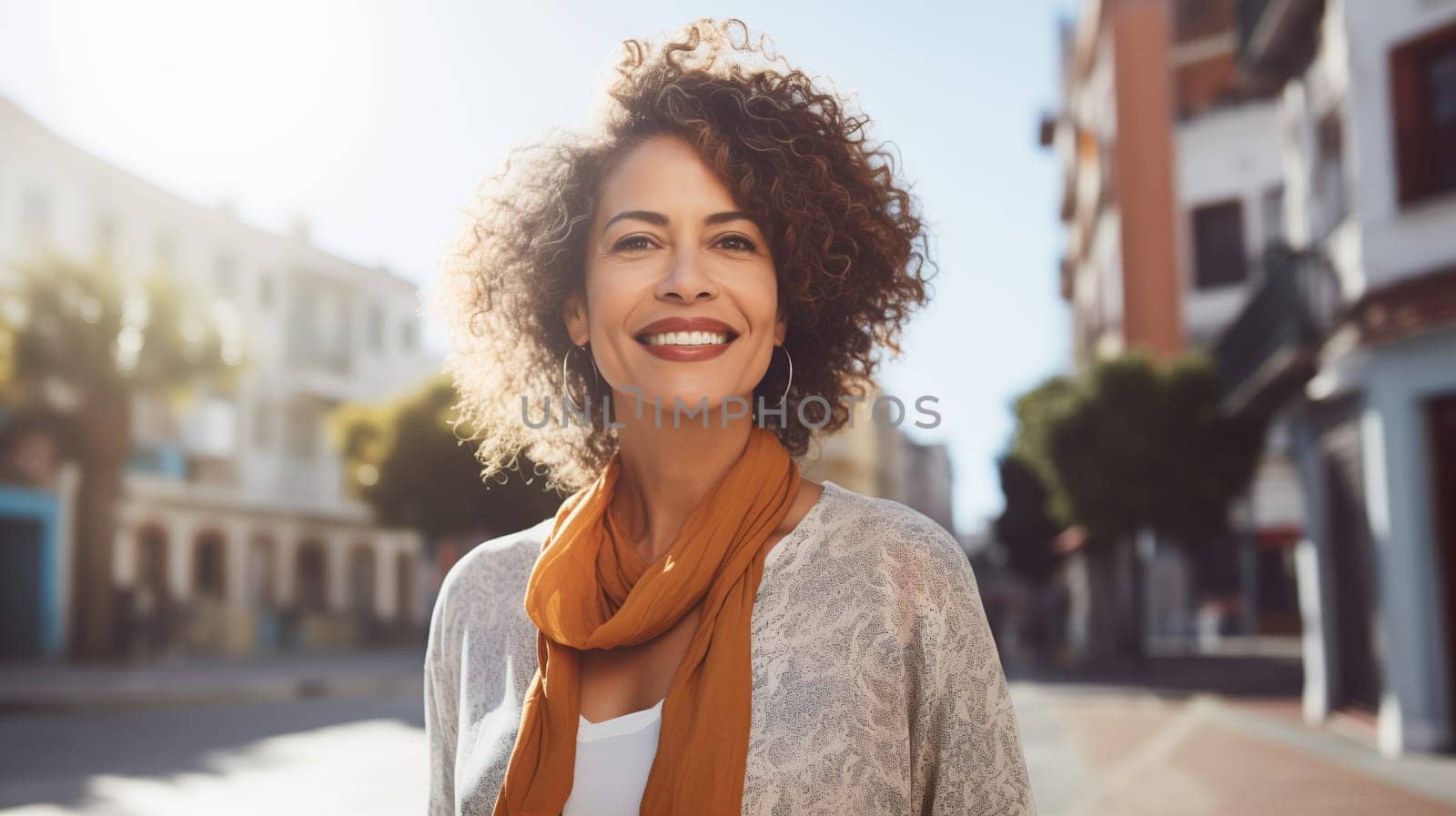 Inspired happy mature hispanic woman with curly hair standing in summer sunny city, looking at camera