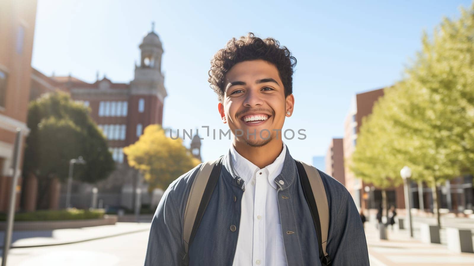 Portrait happy handsome young man standing in summer sunny city, looking at camera by Rohappy