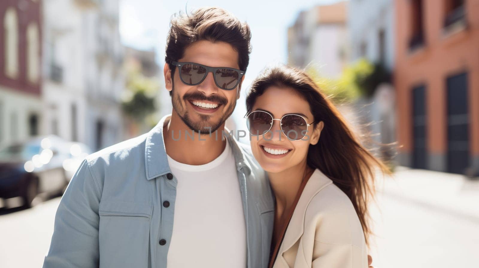 Lifestyle portrait of happy smiling young couple together enjoys a summer walk in sunny city
