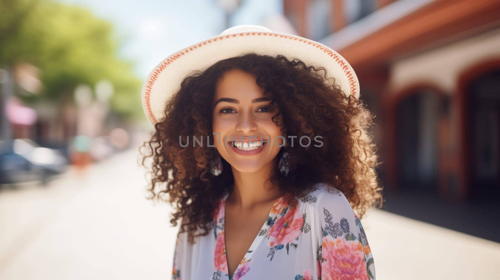 Inspired happy smiling hispanic young woman in summer straw hat with curly hair enjoys a walk in sunny city, looking at camera