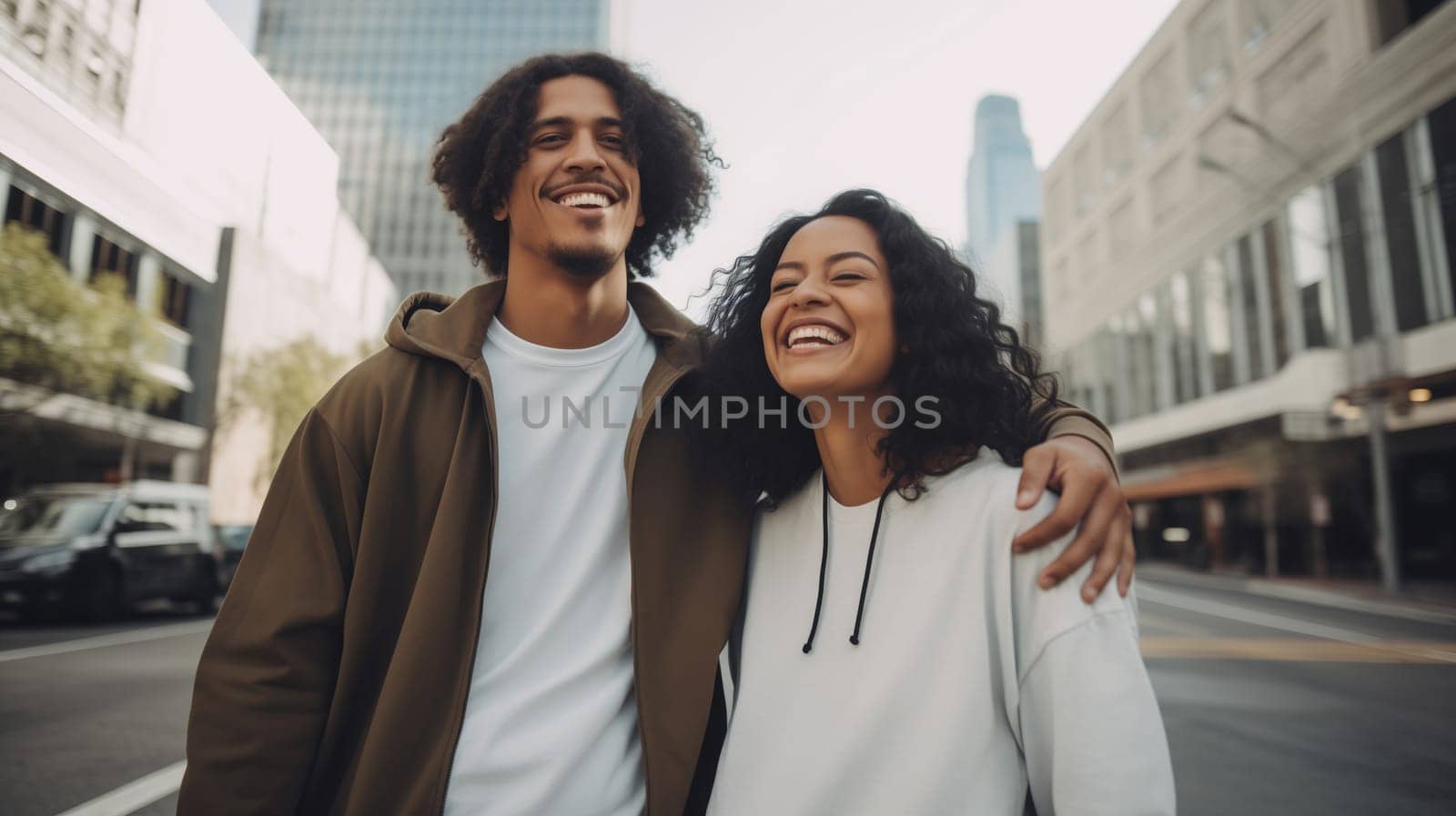 Lifestyle portrait of happy smiling young black couple together enjoys a summer walk in the city