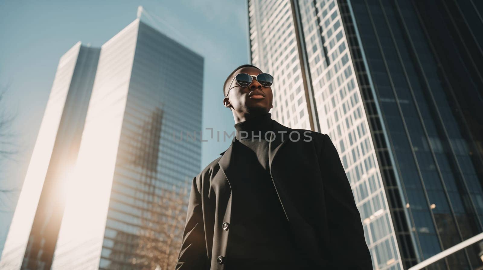 Lifestyle trendy portrait of stylish black American young man posing on city street and looking away