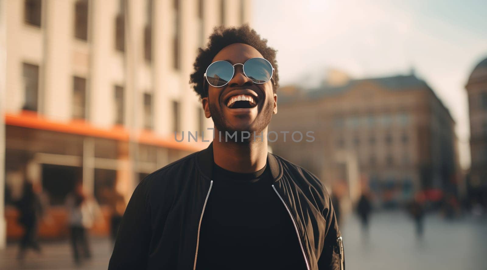 Fashionable portrait of inspired stylish happy laughing black American young man in summer sunny city