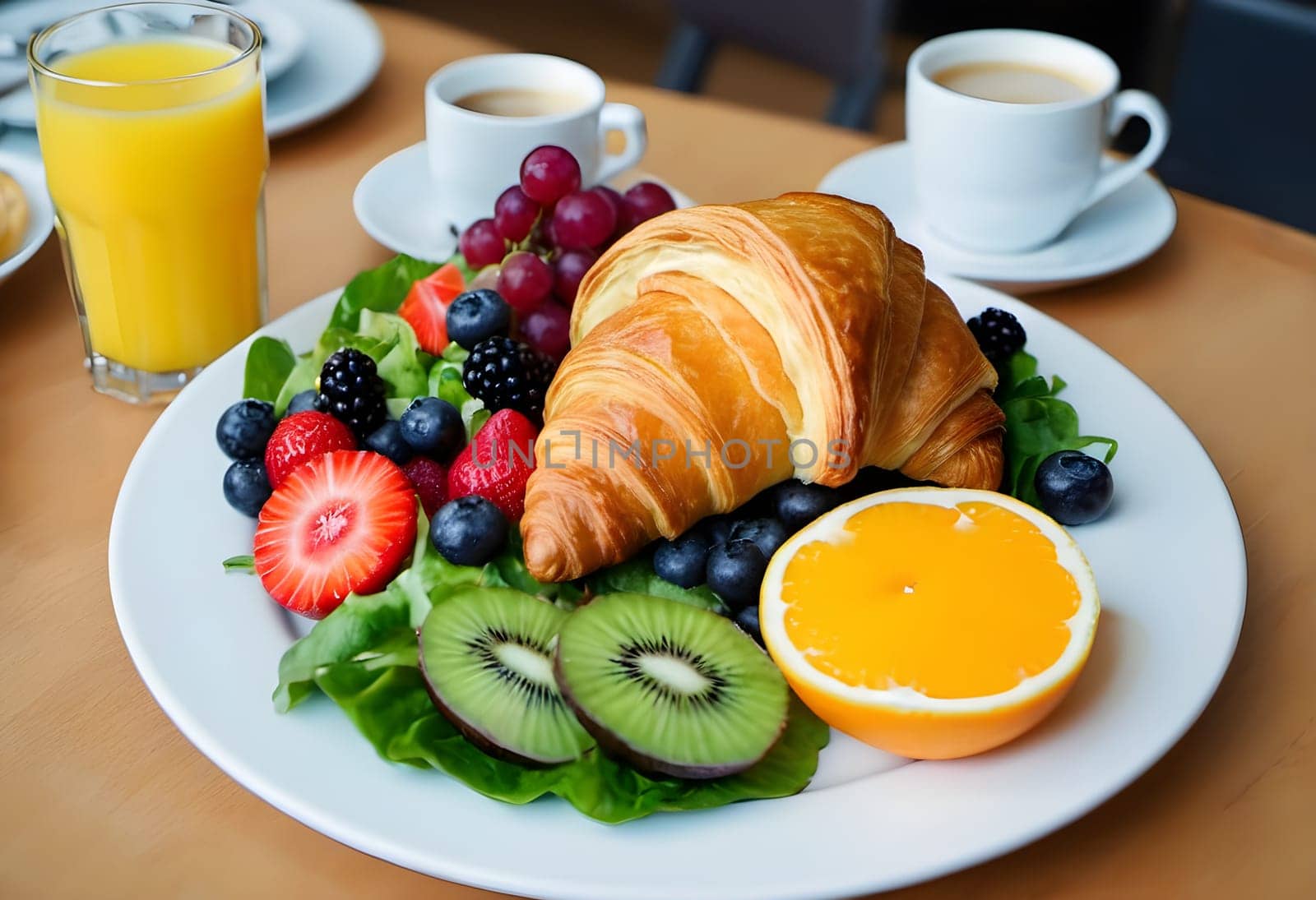 Continental Delights Gourmet Breakfast Creations with Croissants, Eggs, and Fresh Fruits by Petrichor
