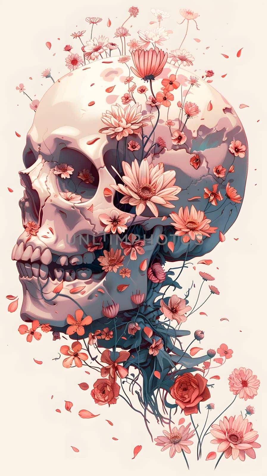 A skull is depicted surrounded by flowers in a visual arts painting, with delicate petals and bone structures contrasting against a white background