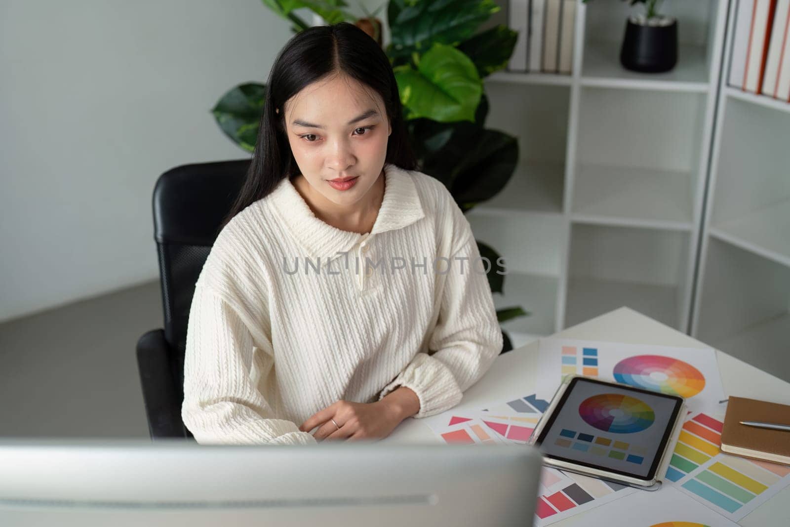 Asian woman graphic designer working in home office. Artist creative designer illustrator graphic skill concept.