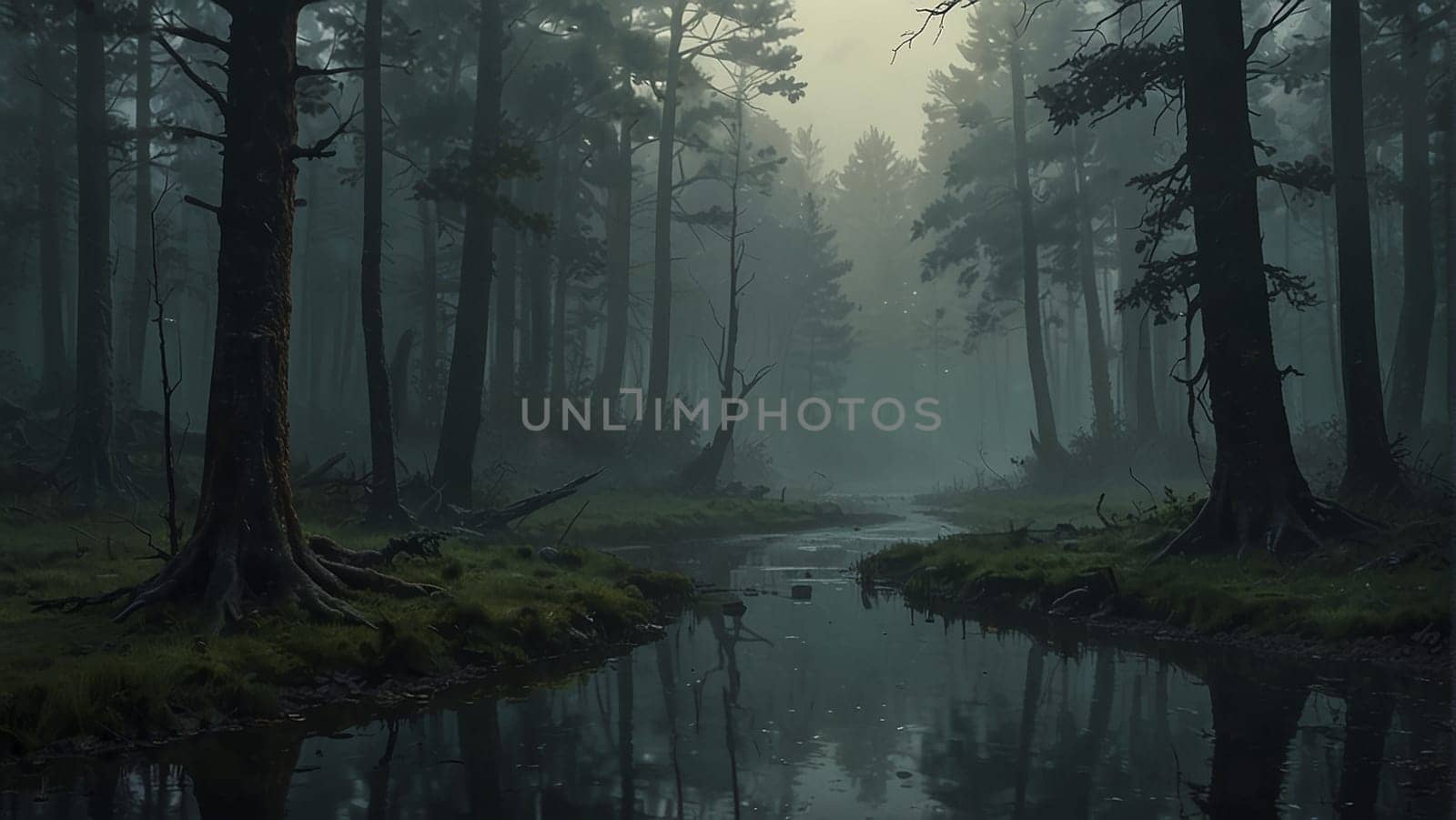 Foggy enchanted forest background at night, dense forest with fog detailed style, apocalyptic, illustration, soft tones, horror style, detailed apocalyptic by antoksena