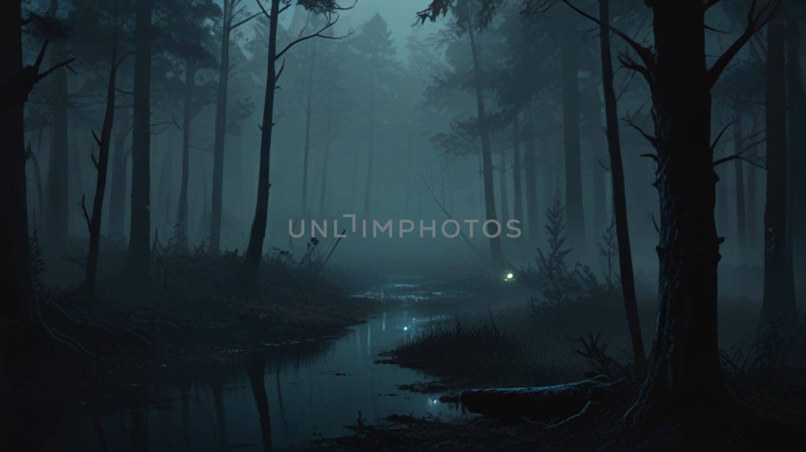 Foggy enchanted forest background at night, dense forest with fog detailed style, apocalyptic, illustration, soft tones, horror style, detailed apocalyptic by antoksena