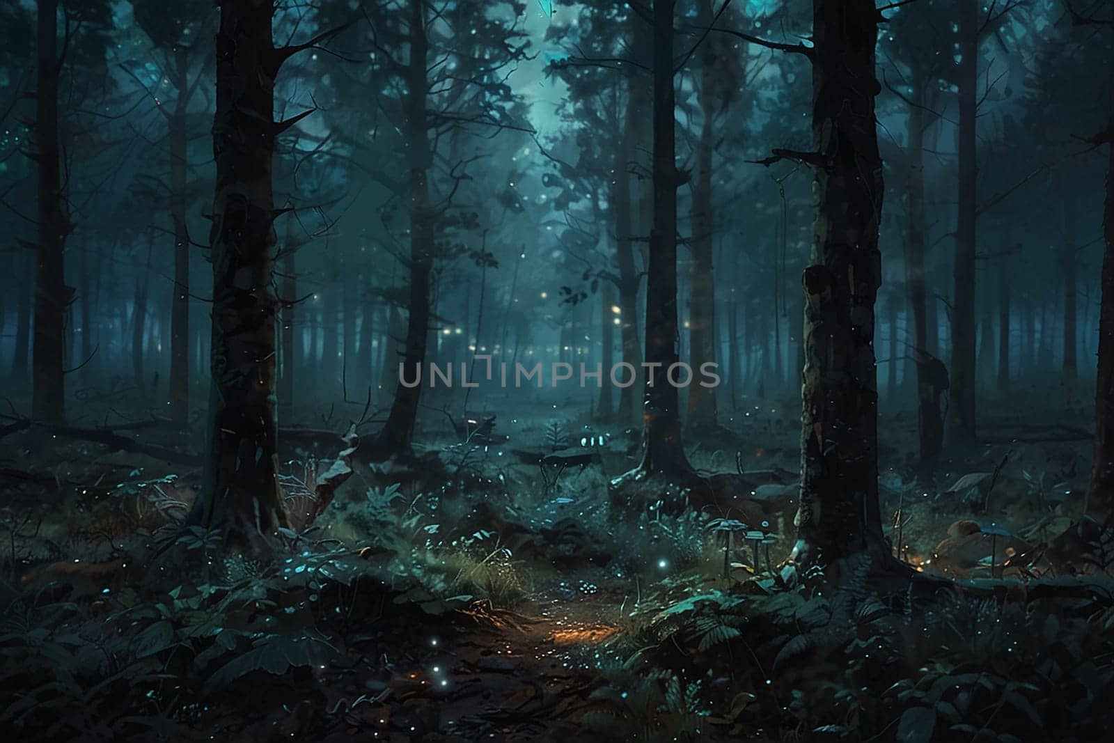 Foggy enchanted forest background at night, dense forest with fog detailed style, apocalyptic, illustration, soft tones, horror style, detailed apocalyptic by antoksena