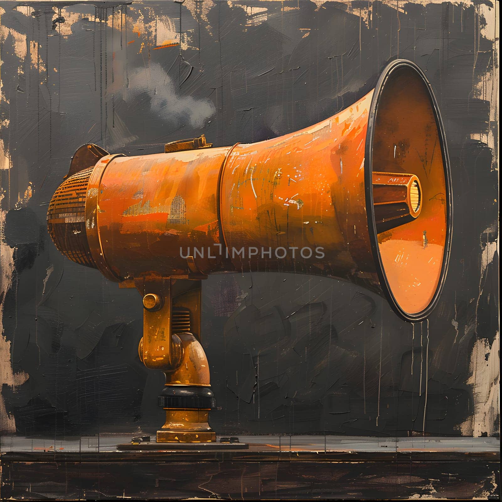 A still life photography image of an orange megaphone against a black background, showcasing the fluid interaction between the metal, wood, and cylinder shape