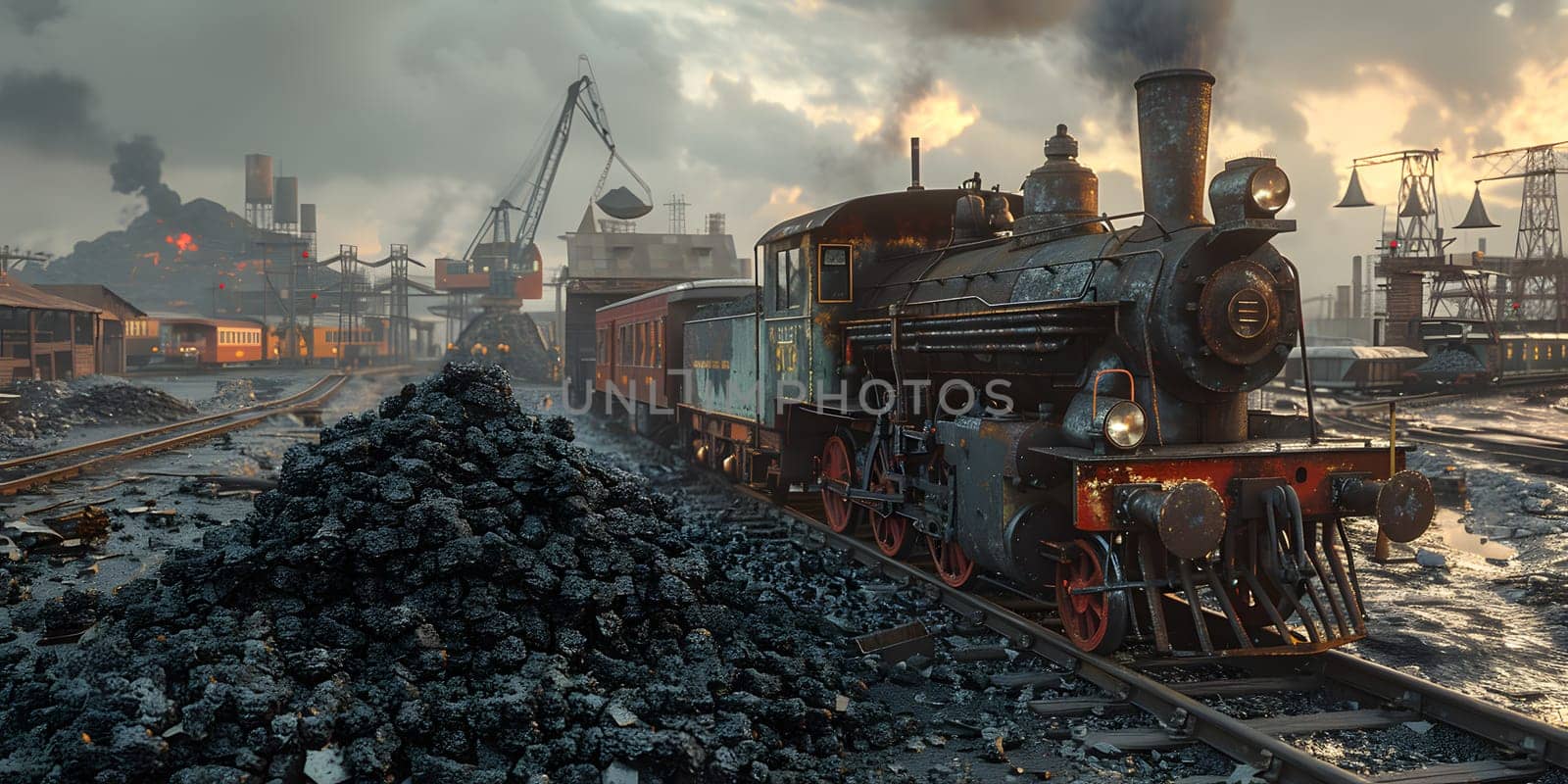 A steam train chugs along the tracks near a pile of coal, emitting clouds of pollution into the sky. The industrial landscape contrasts with the cityscape of buildings and asphalt roads