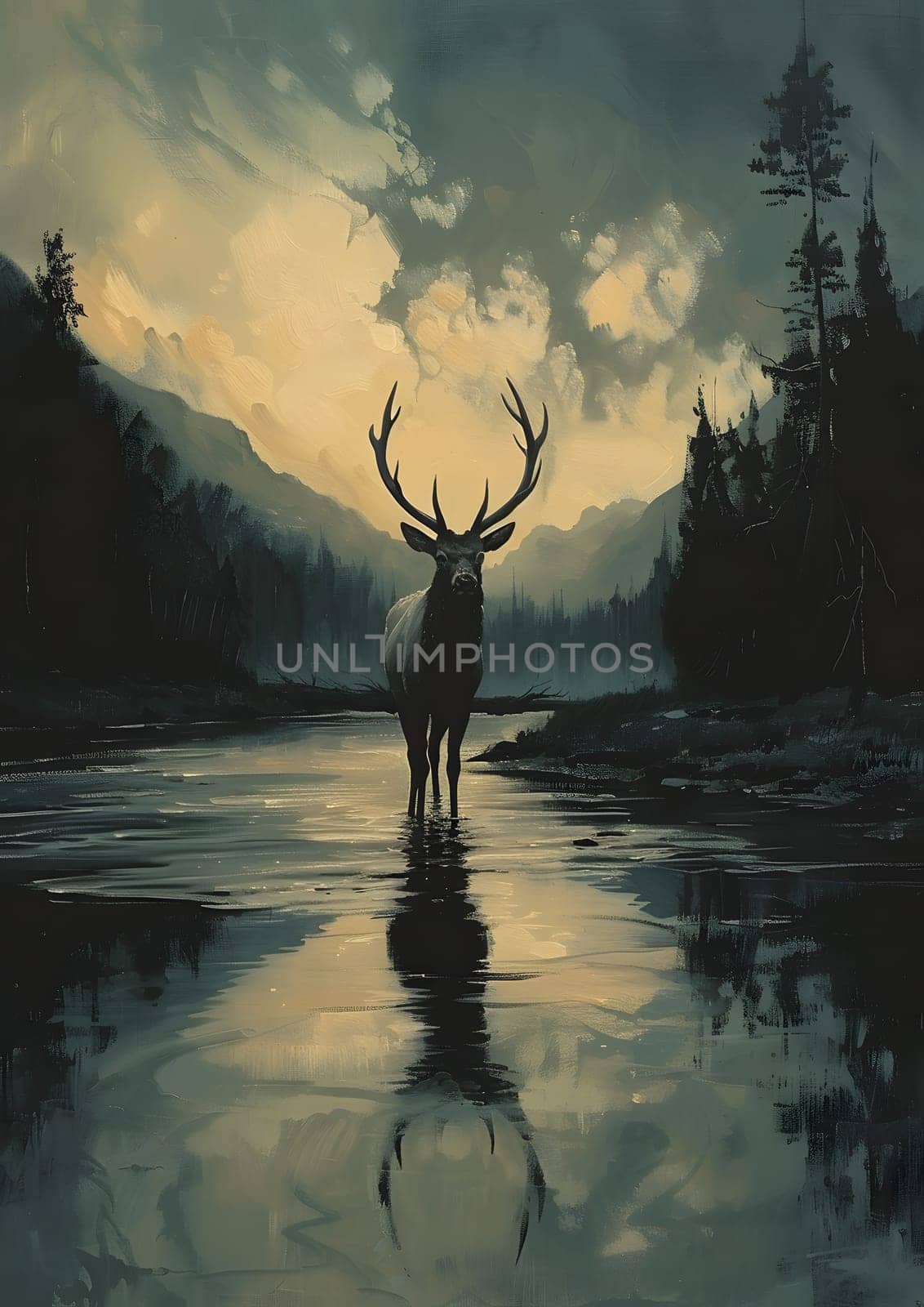 A deer stands gracefully in the tranquil river, surrounded by the natural landscape with trees, calm waters, and a cloudy sky above