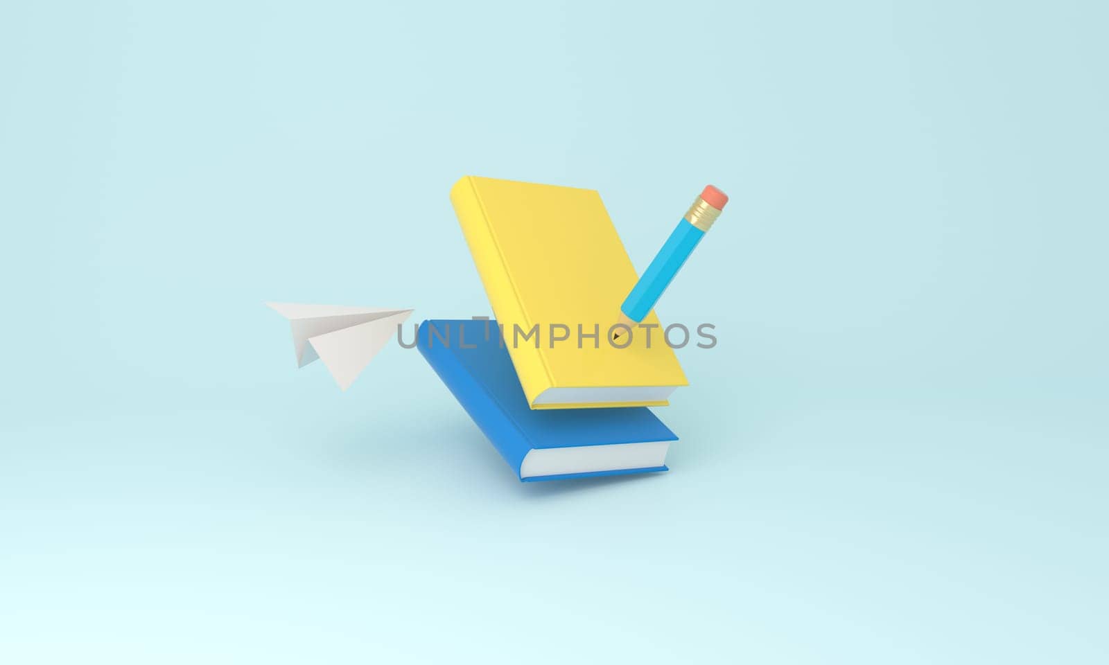 School Essentials - Pencil, Books, and Paper Plane on Blue Background by ImagesRouges