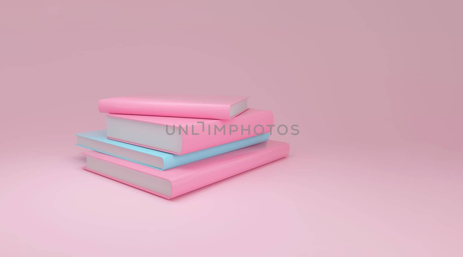 Stack of books in soothing pastel pink and blue hues, presented on a soft pink background for a calm, minimalist aesthetic. back to school. 3D illustration.