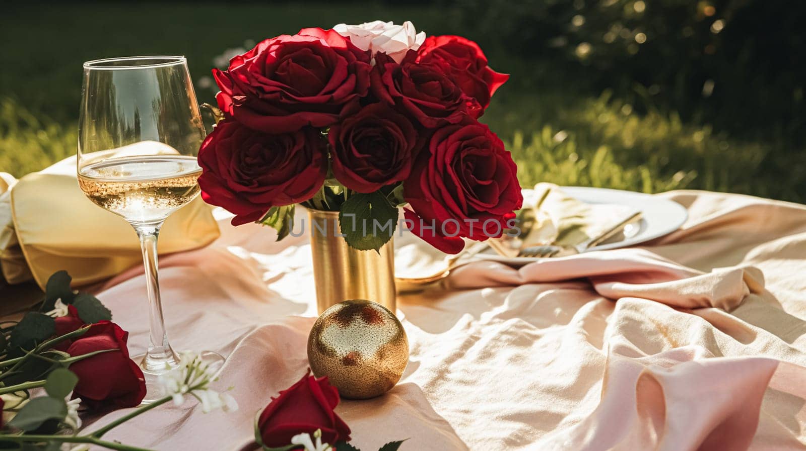 Wedding and event celebration tablescape with flowers, formal dinner table setting with roses and wine, elegant floral table decor for dinner party and holiday decoration, home styling idea