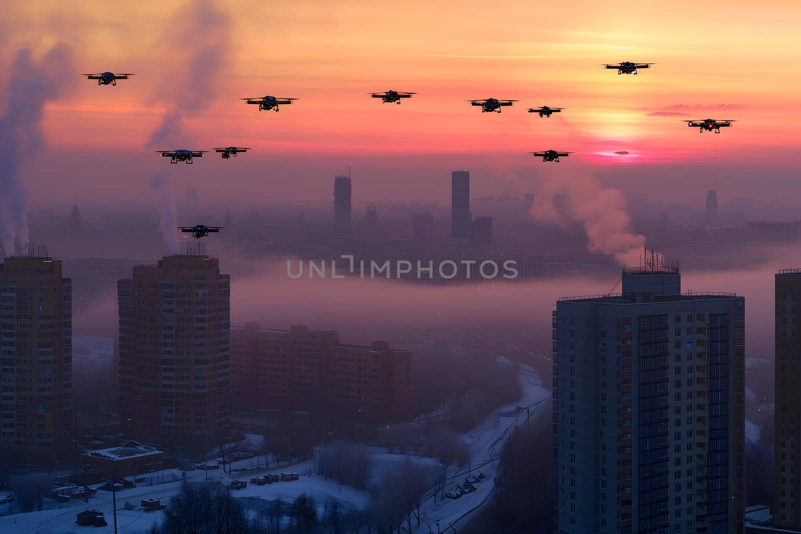 group of drones over city at winter sunset or sunrise by z1b