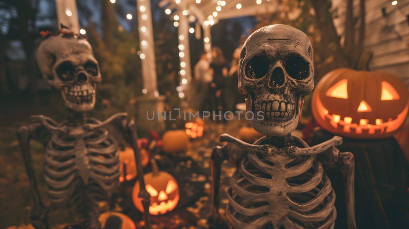Skeletons in front of a house at Halloween. Neural network generated image. Not based on any actual scene or pattern.