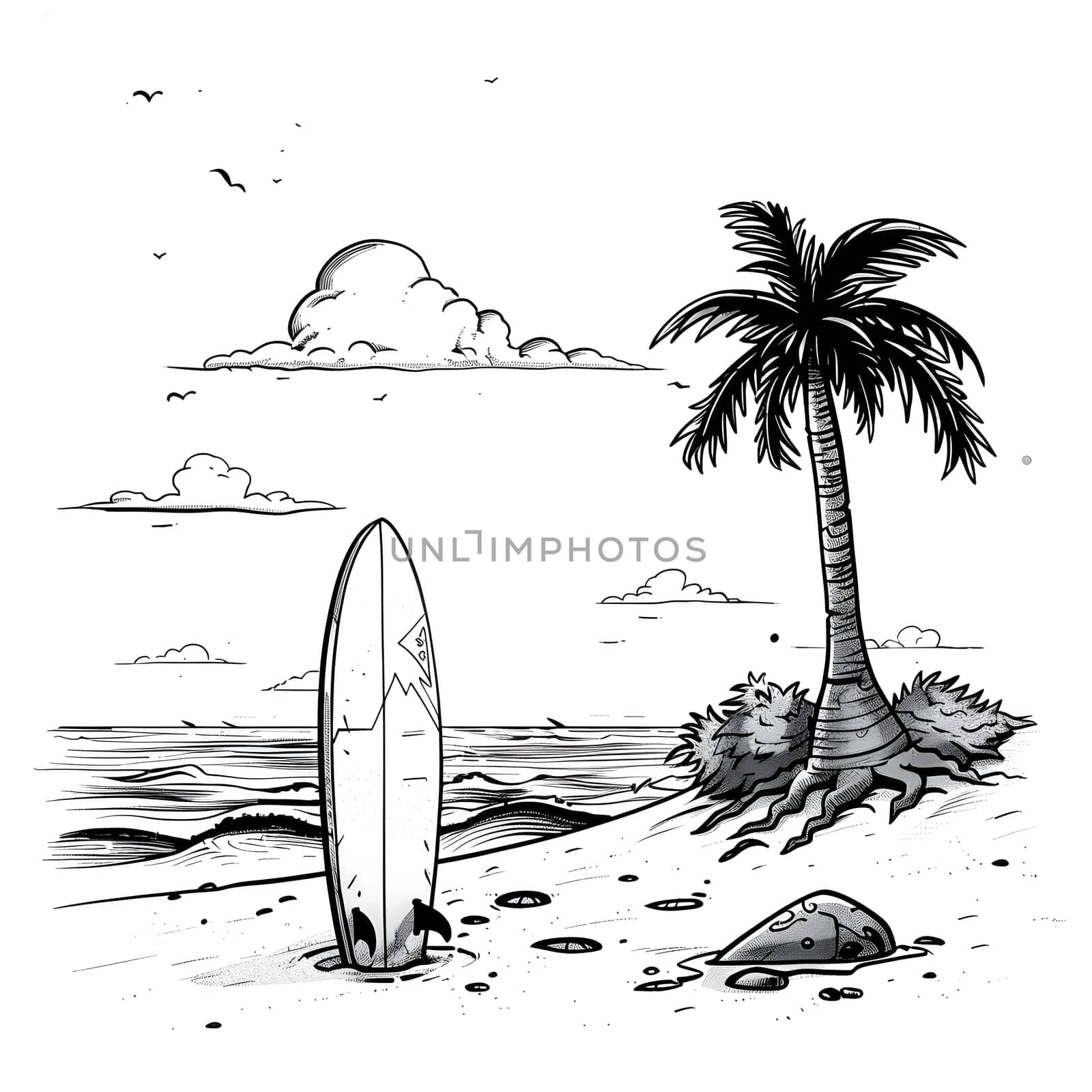 A monochromatic drawing of a palm tree and surfboard on a beach, capturing the essence of a peaceful coastal landscape in a minimalist art style