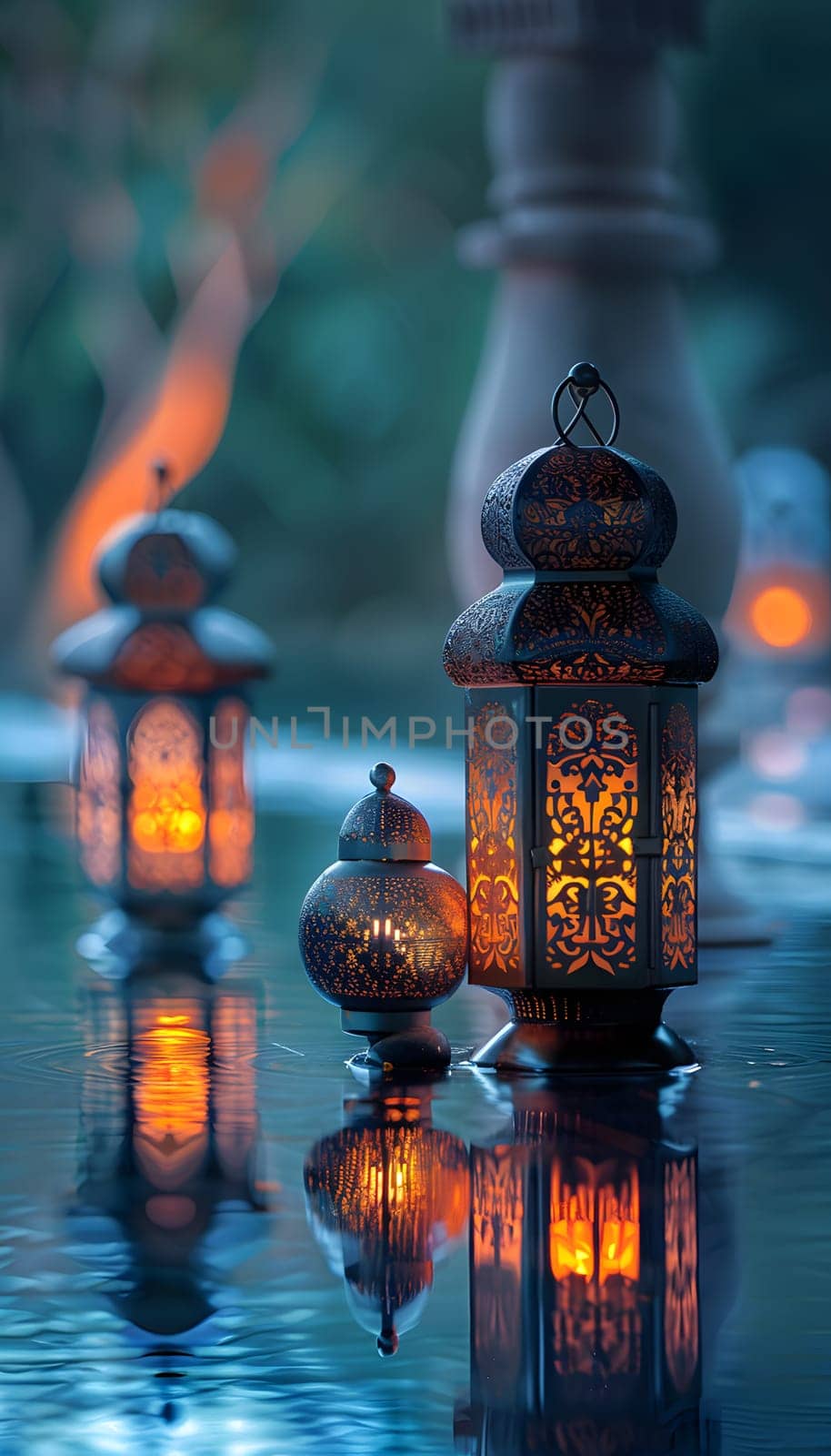 Lanterns glowing in water create a magical atmosphere at midnight in the city by Nadtochiy
