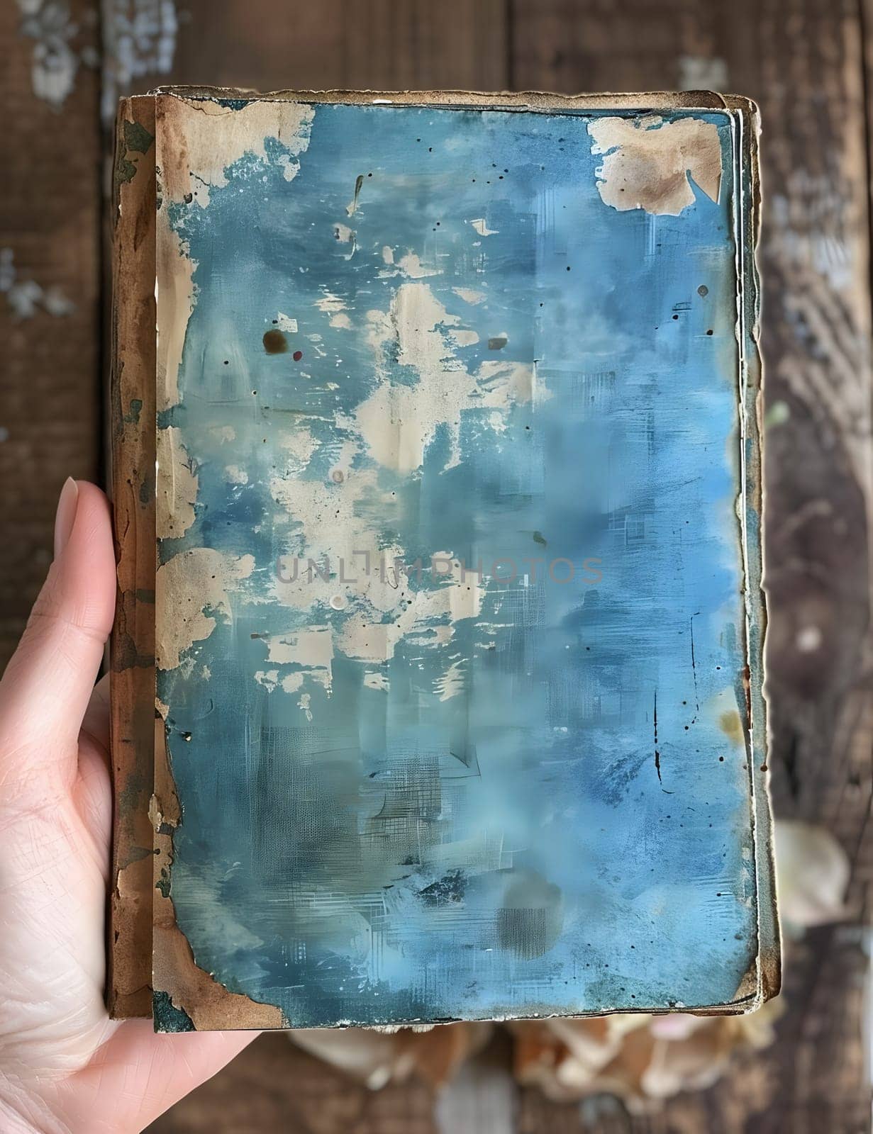 An individual is holding a vintage book with a rectangle shape and a blue cover made of electric blue material. The book features intricate art and paint details, with a font that adds to its charm