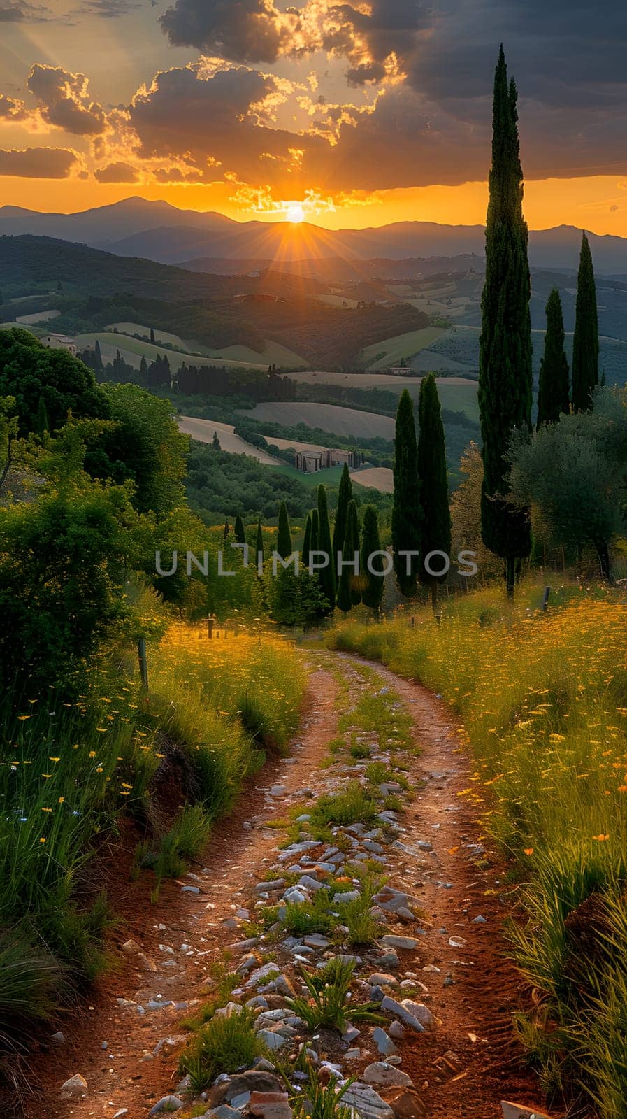 A dirt road winding through a lush green field in the highlands at sunset by Nadtochiy