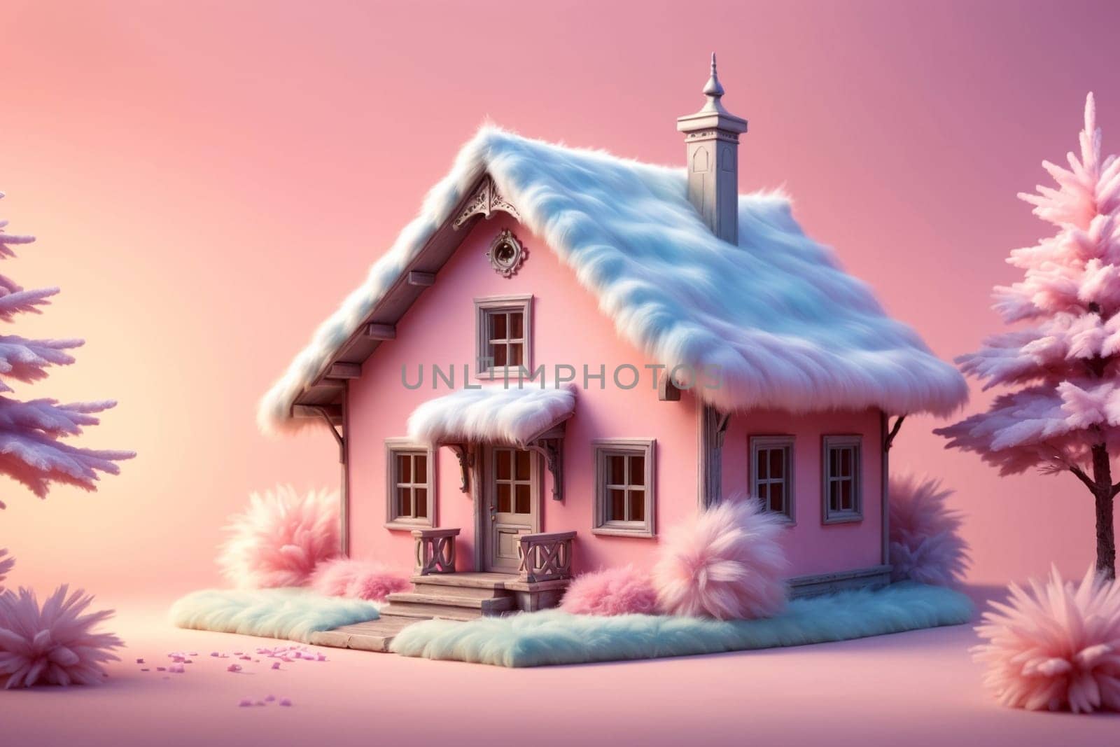 cozy warm house of pastel pink color in warm colors with a roof made of warm fur .