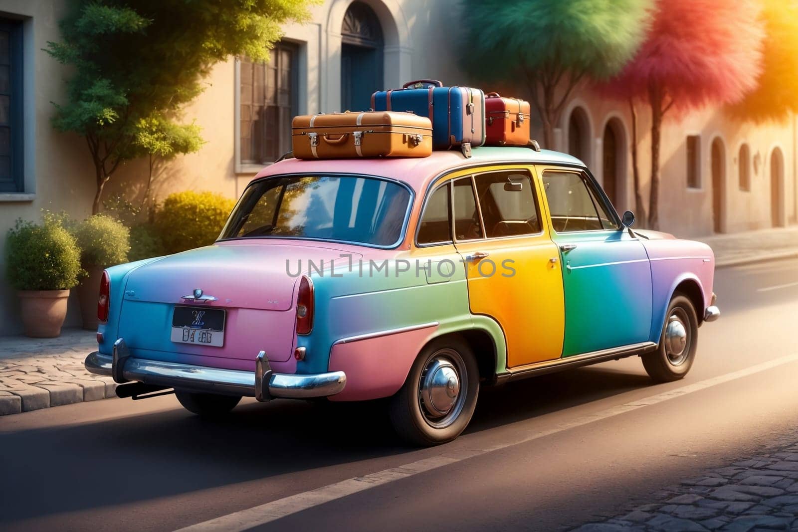 bright multi-colored car with suitcases on the road .
