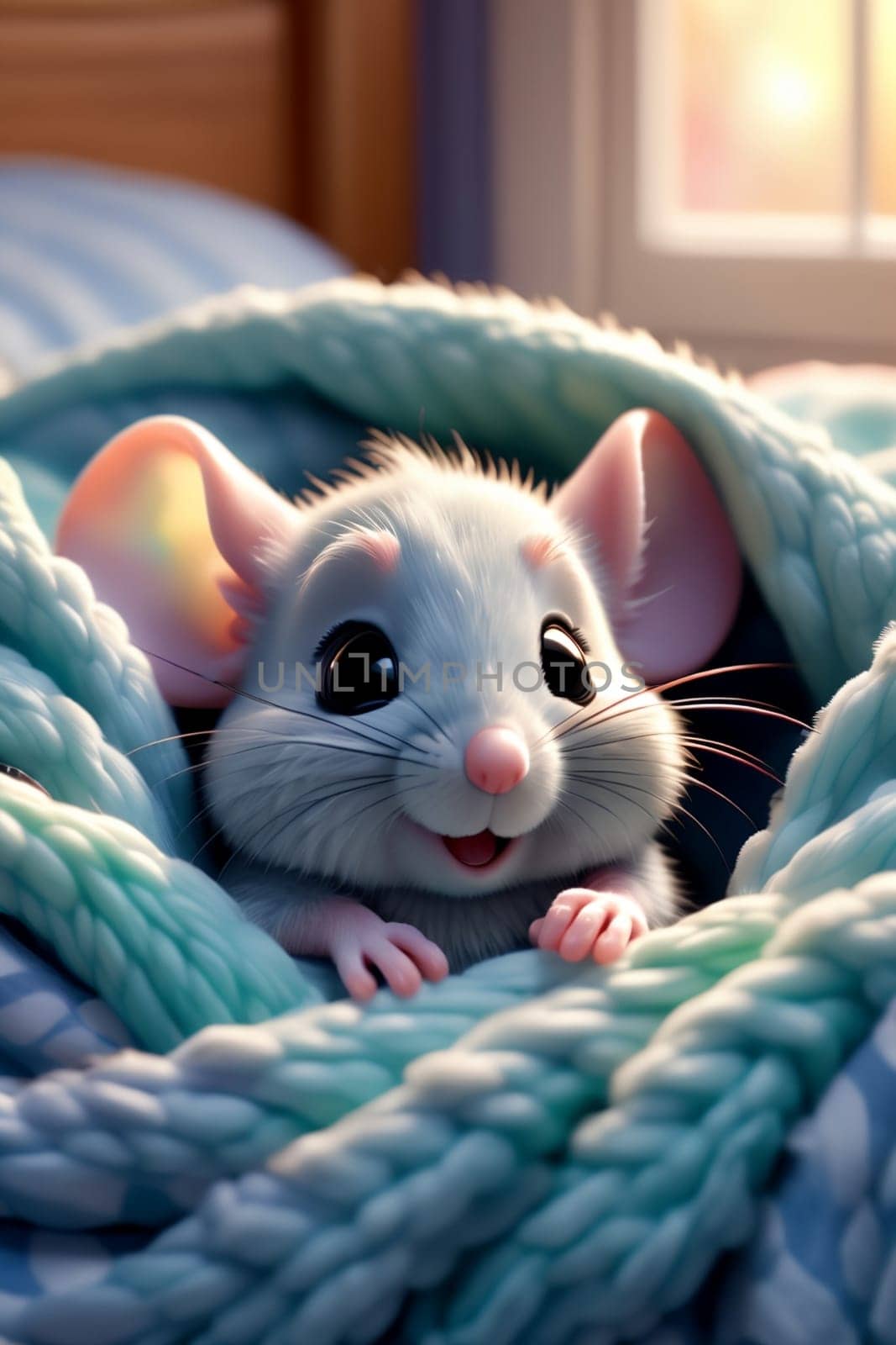 cute cartoon happy white mouse under the blanket by Rawlik