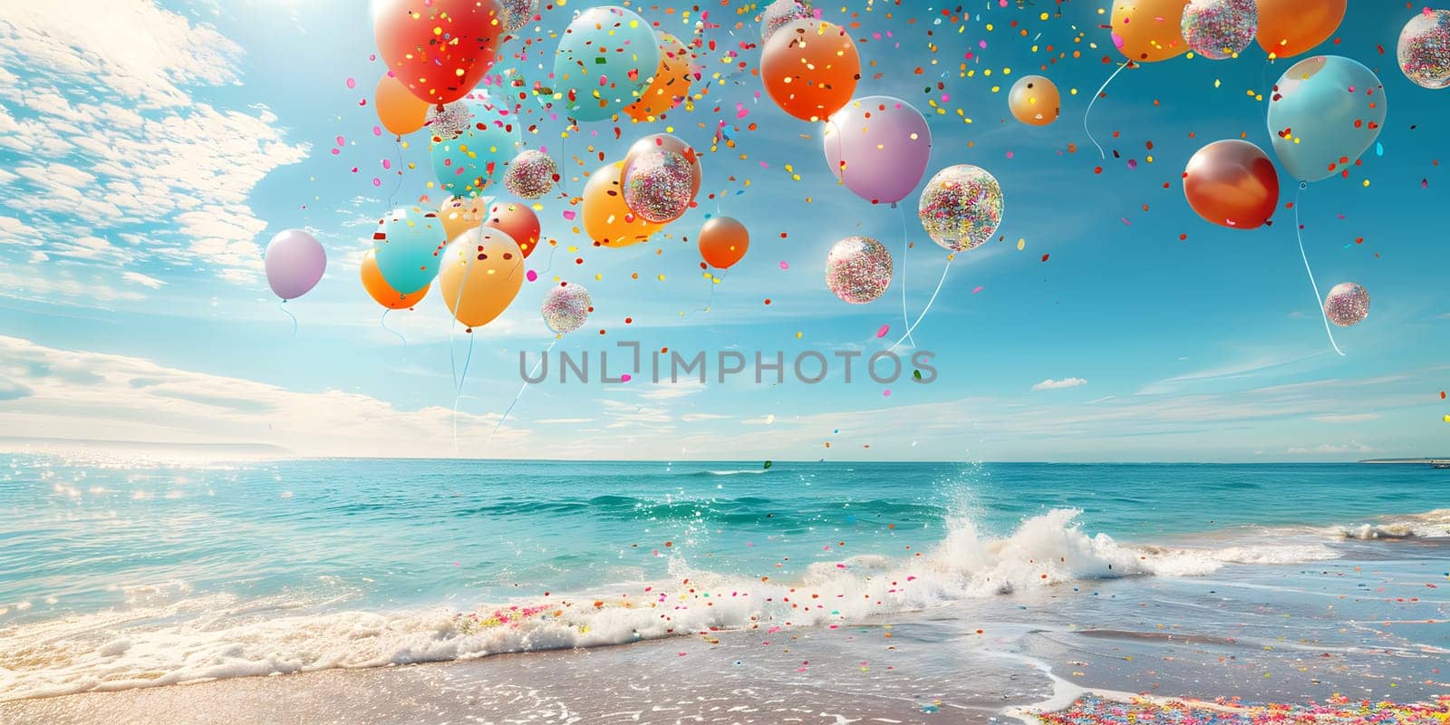 A bunch of azure balloons float in the sky above a beach, adding a splash of color to the natural landscape. The happy scene is reflected in the crystalclear aqua water below