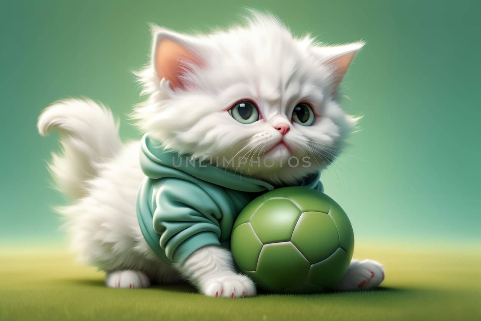 cute kitten plays sports, holds a ball.