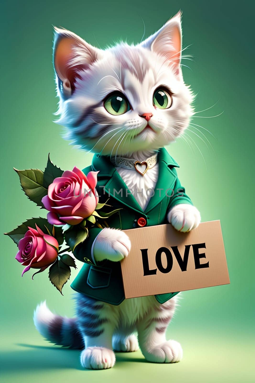 cute cat holding roses and a Love you sign, isolated on a green background .