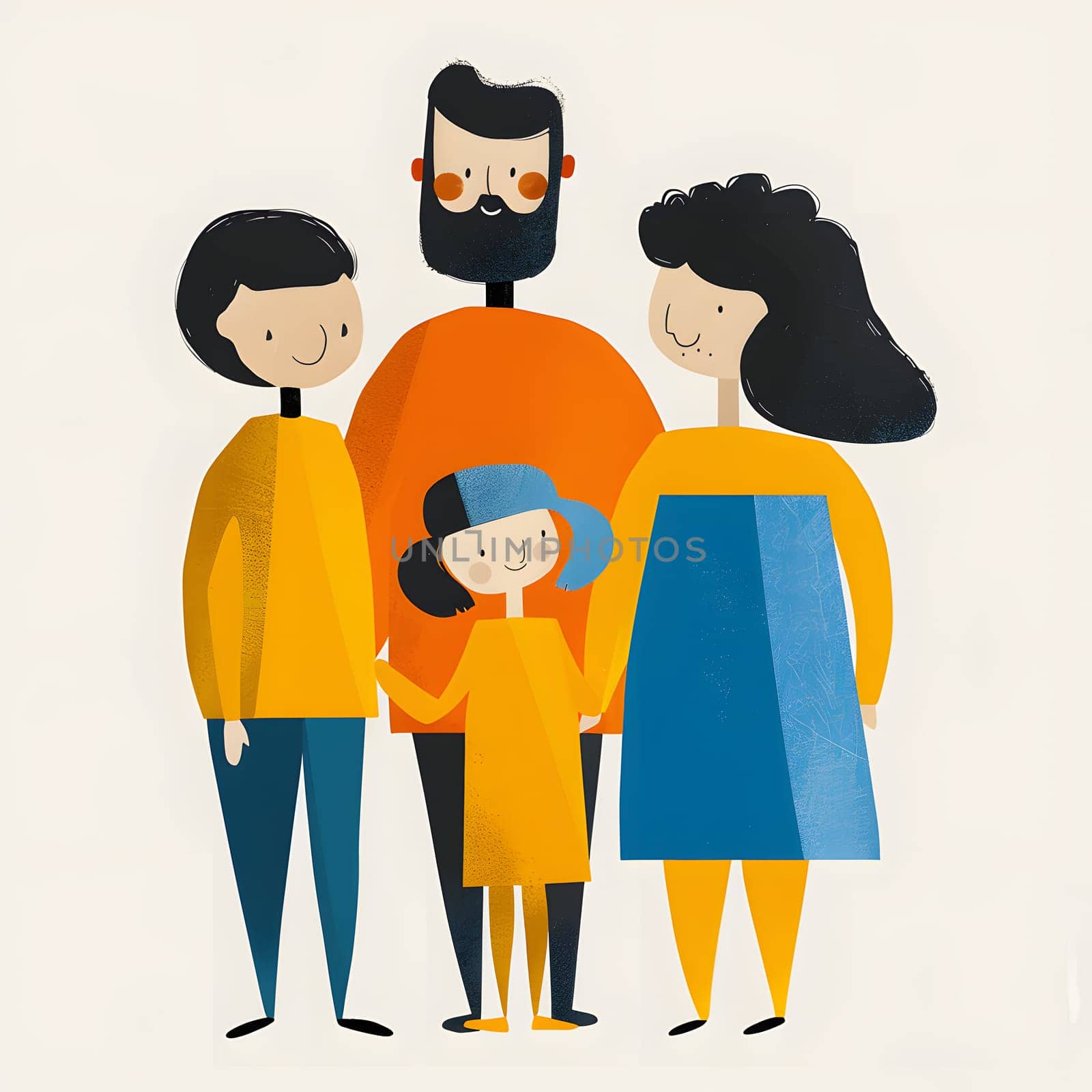 A cartoon illustration of a happy family standing next to each other, sharing smiles and making gestures. Each family member is a fictional character on a tshirt with animated cartoon art style