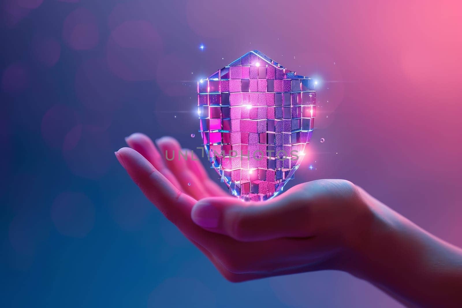 A hand holding a purple shield with a glowing design. The shield is made of glass and has a diamond pattern. Concept of protection and security