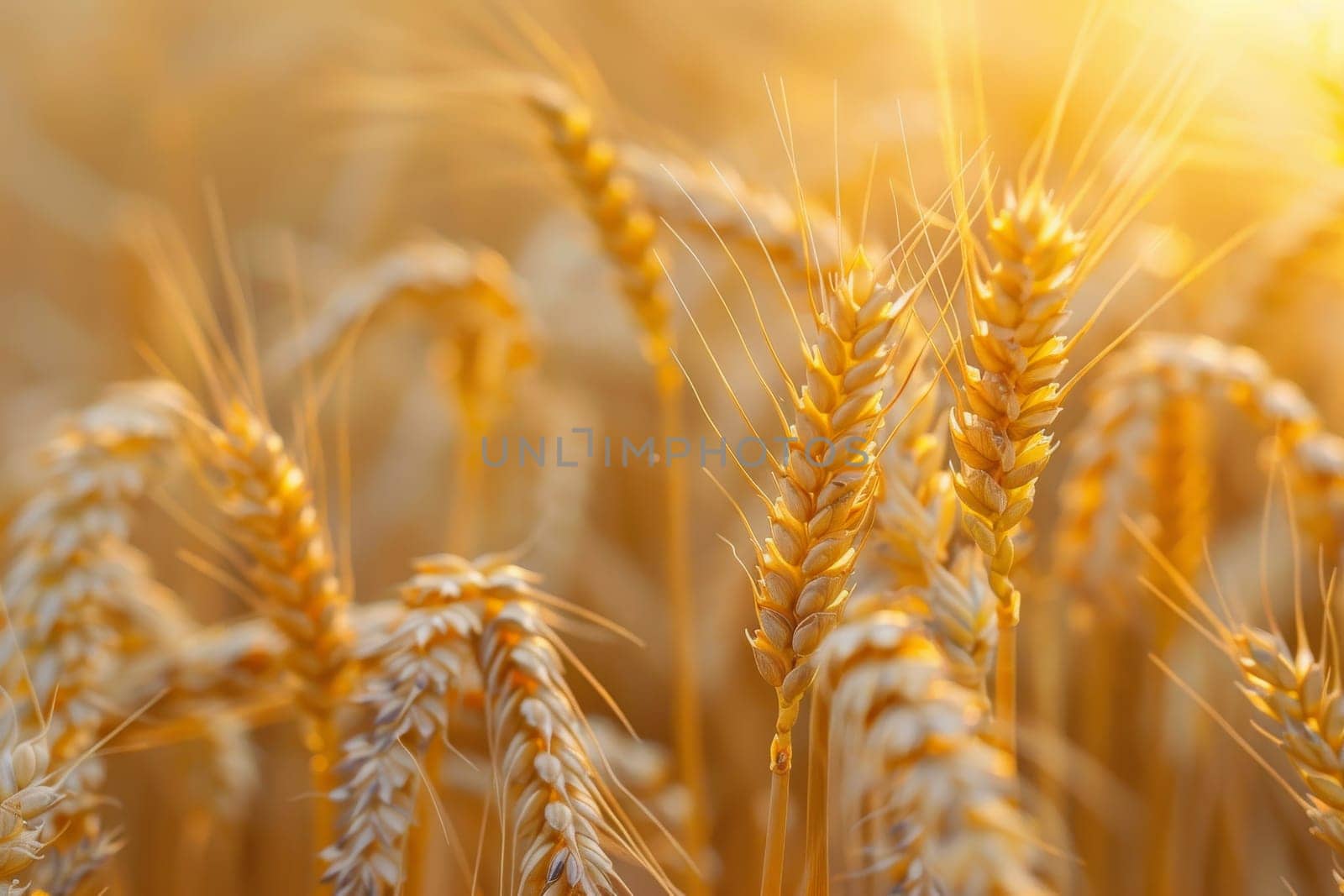A field of golden wheat with the sun shining on it. The wheat is tall and golden, and the sun is shining brightly on it, creating a warm and inviting atmosphere