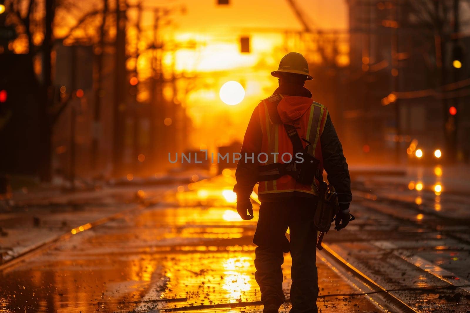 A man in a safety vest walks down a street at sunset. The scene is quiet and peaceful, with the man being the only person visible