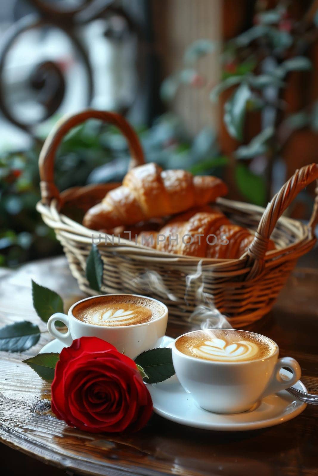 A basket of croissants and a cup of coffee sit on a table with a rose.