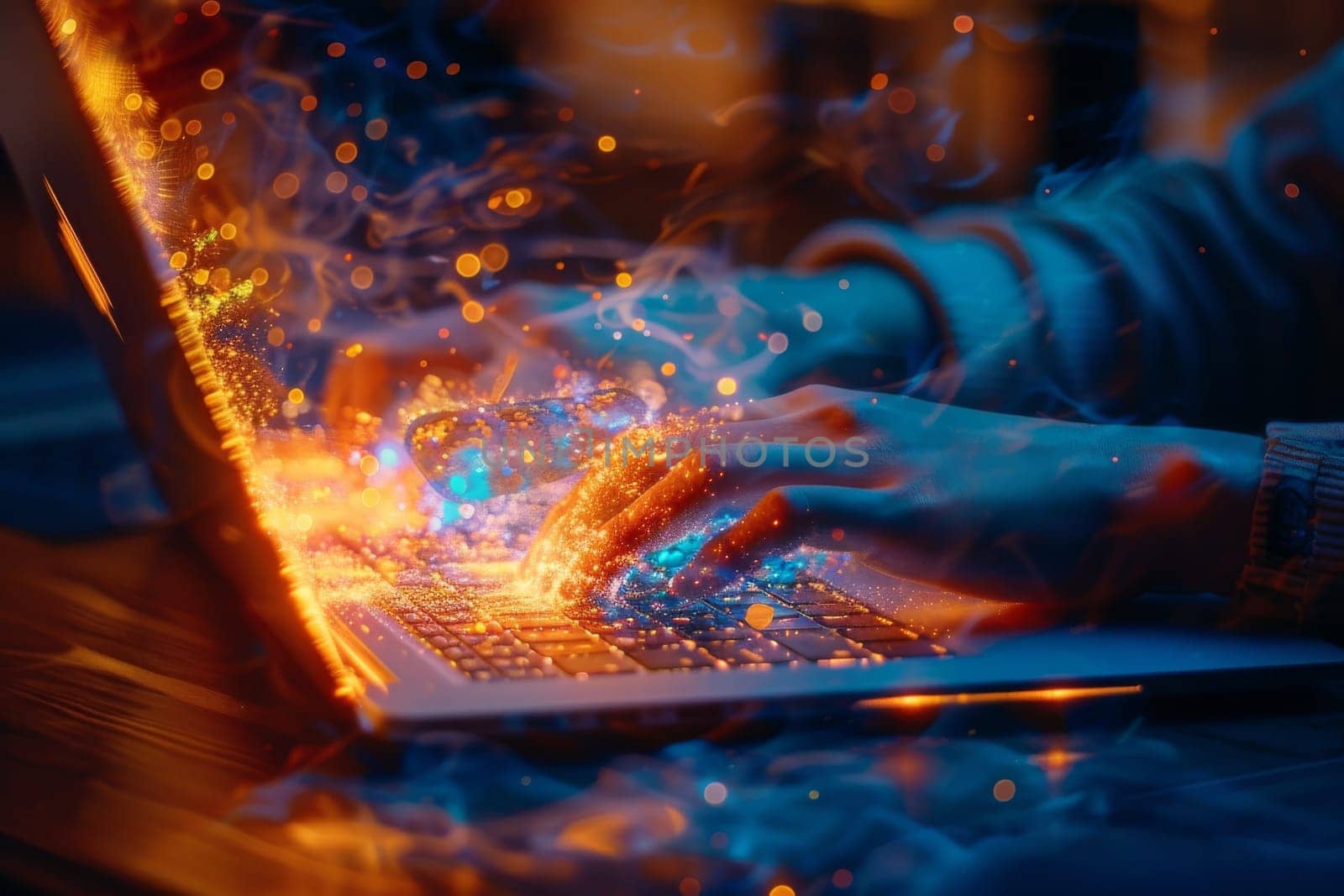 A person is typing on a laptop with a blue and orange background. Concept of creativity and innovation, as the person is using technology to create something new