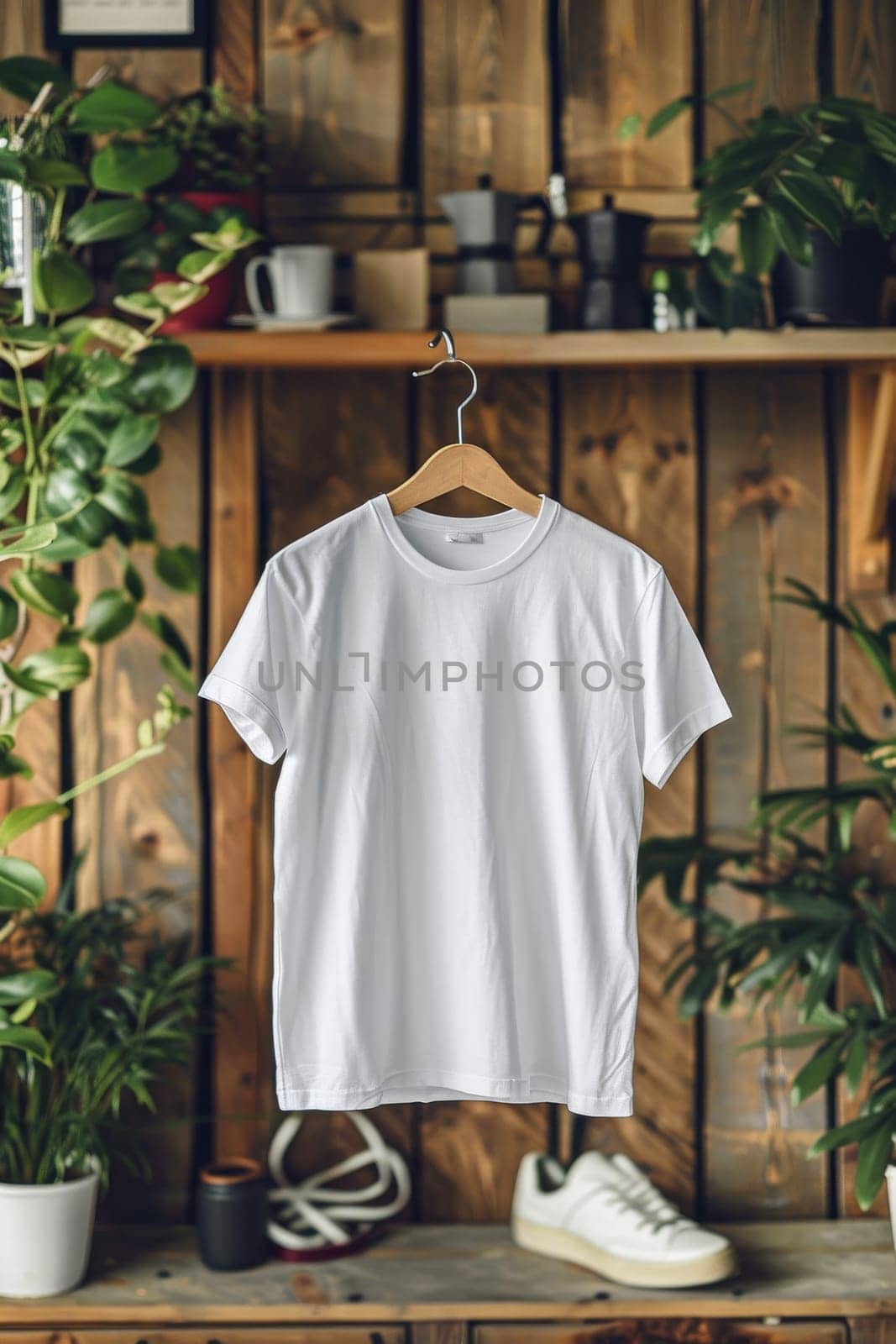 A white t-shirt is hanging on a hanger in front of a wooden shelf by itchaznong