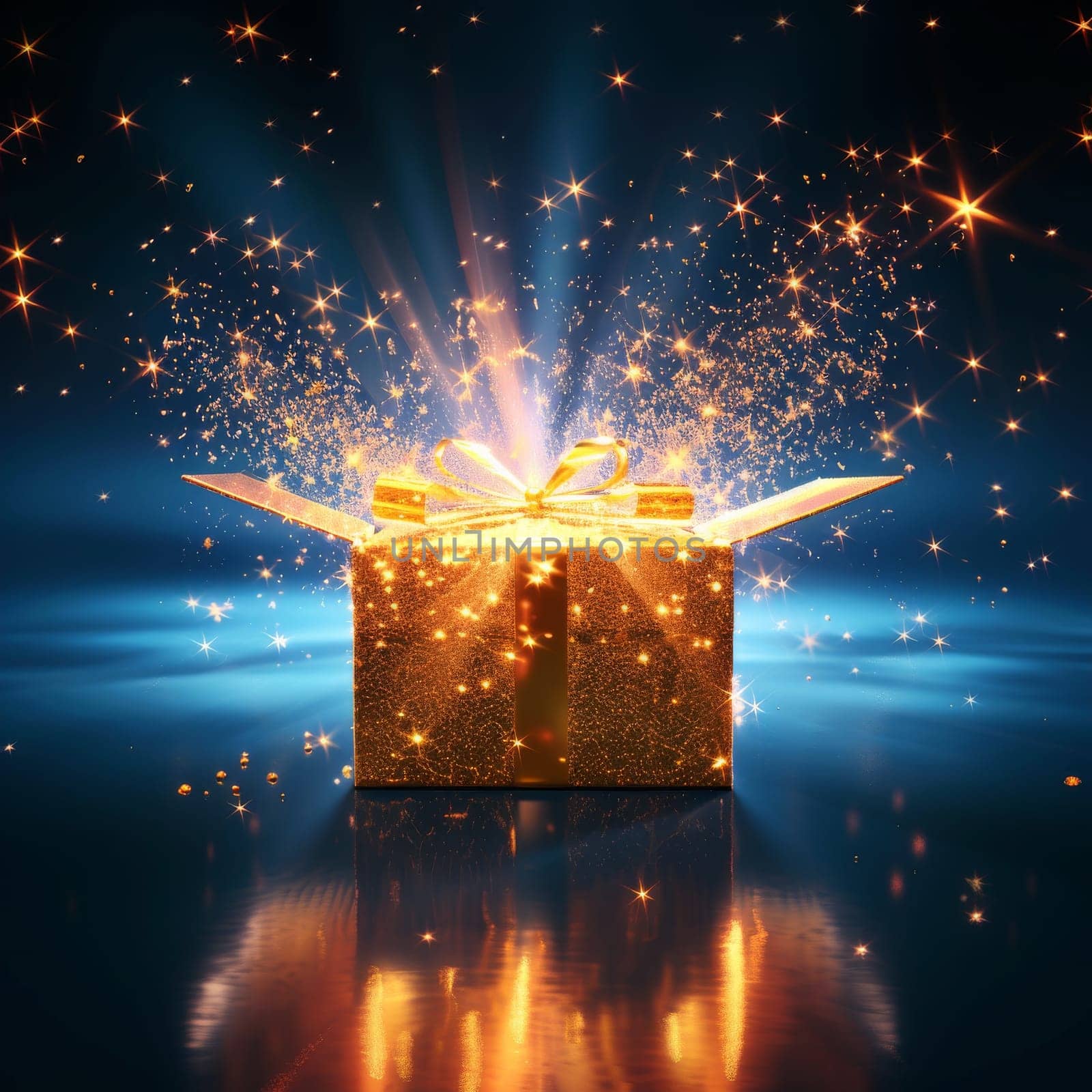 A gold box with a bow on top of it is opened to reveal a glittering surprise. The box is surrounded by a bright blue background, and the glittering effect of the box
