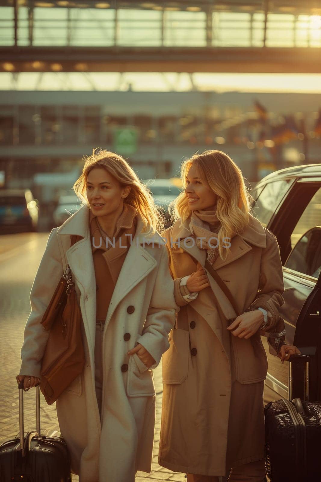 Two women are walking down the street, one of them is holding a suitcase. They are both smiling and seem to be enjoying their time together