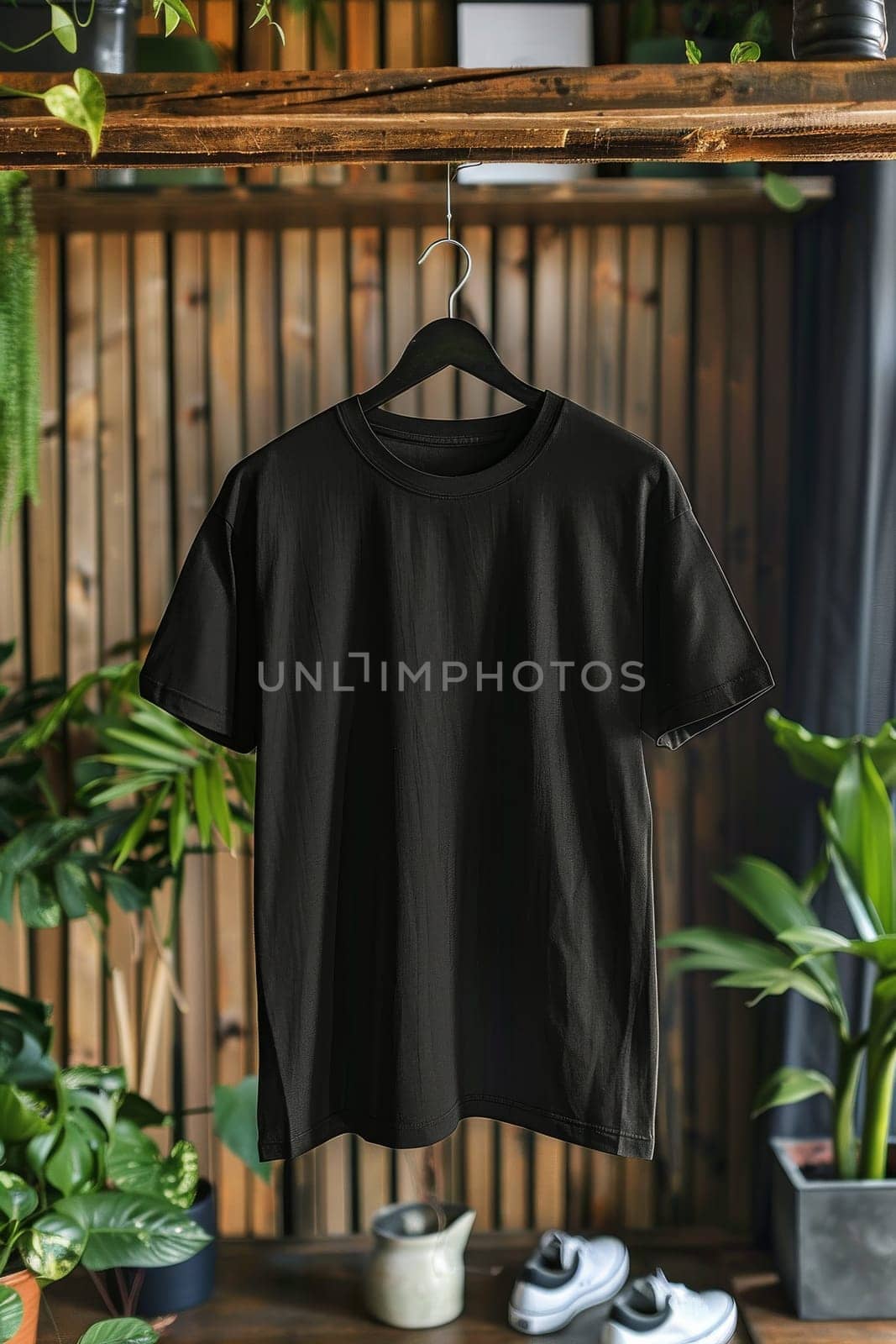 A black shirt hanging on a hanger in a room with plants by itchaznong