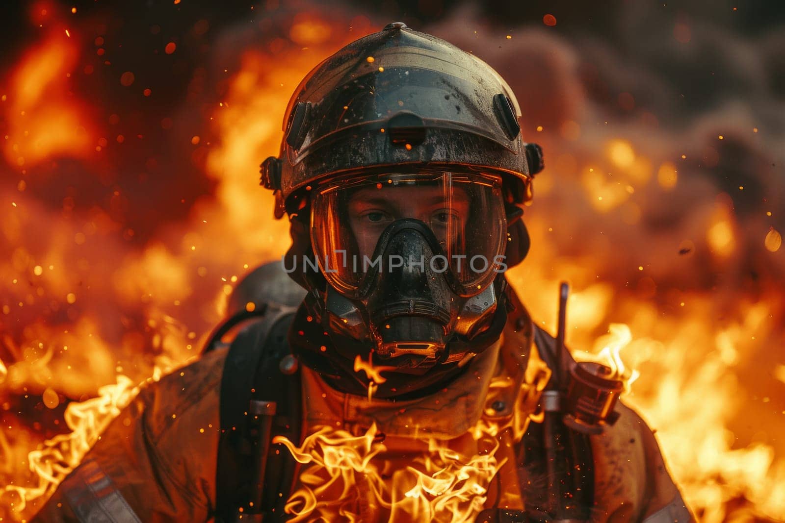 A firefighter is standing in front of a fire, wearing a full protective suit and a helmet. The scene is intense and dramatic, with the fire raging and the firefighter bravely facing it