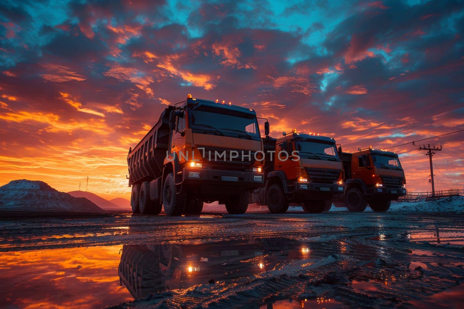 Three orange trucks are parked on a road in front of a beautiful sunset. The trucks are parked in a row, with the first one being the closest to the camera. The sunset in the background creates a warm