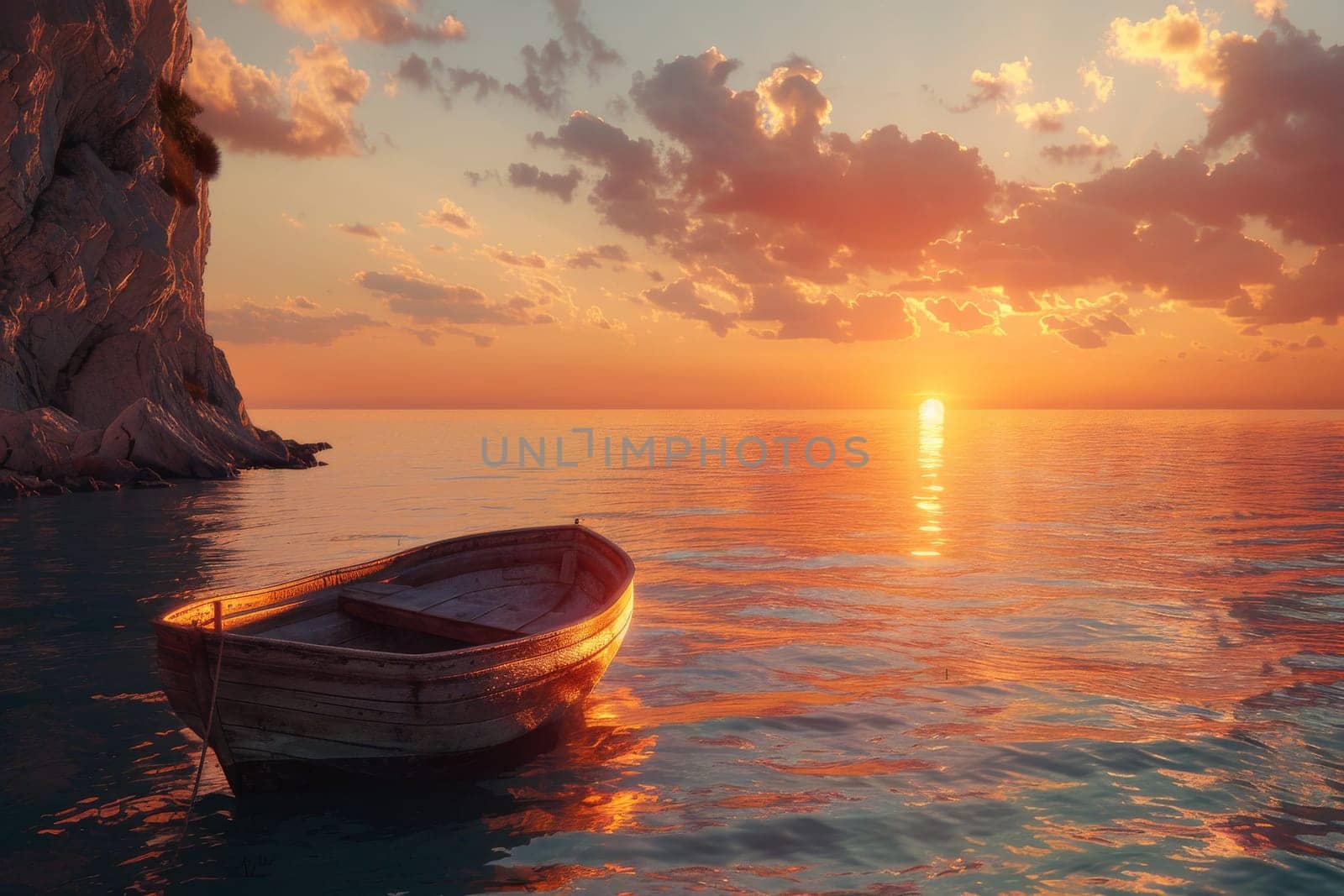 A small boat is floating in the ocean at sunset. The sky is filled with clouds and the sun is setting, creating a serene and peaceful atmosphere