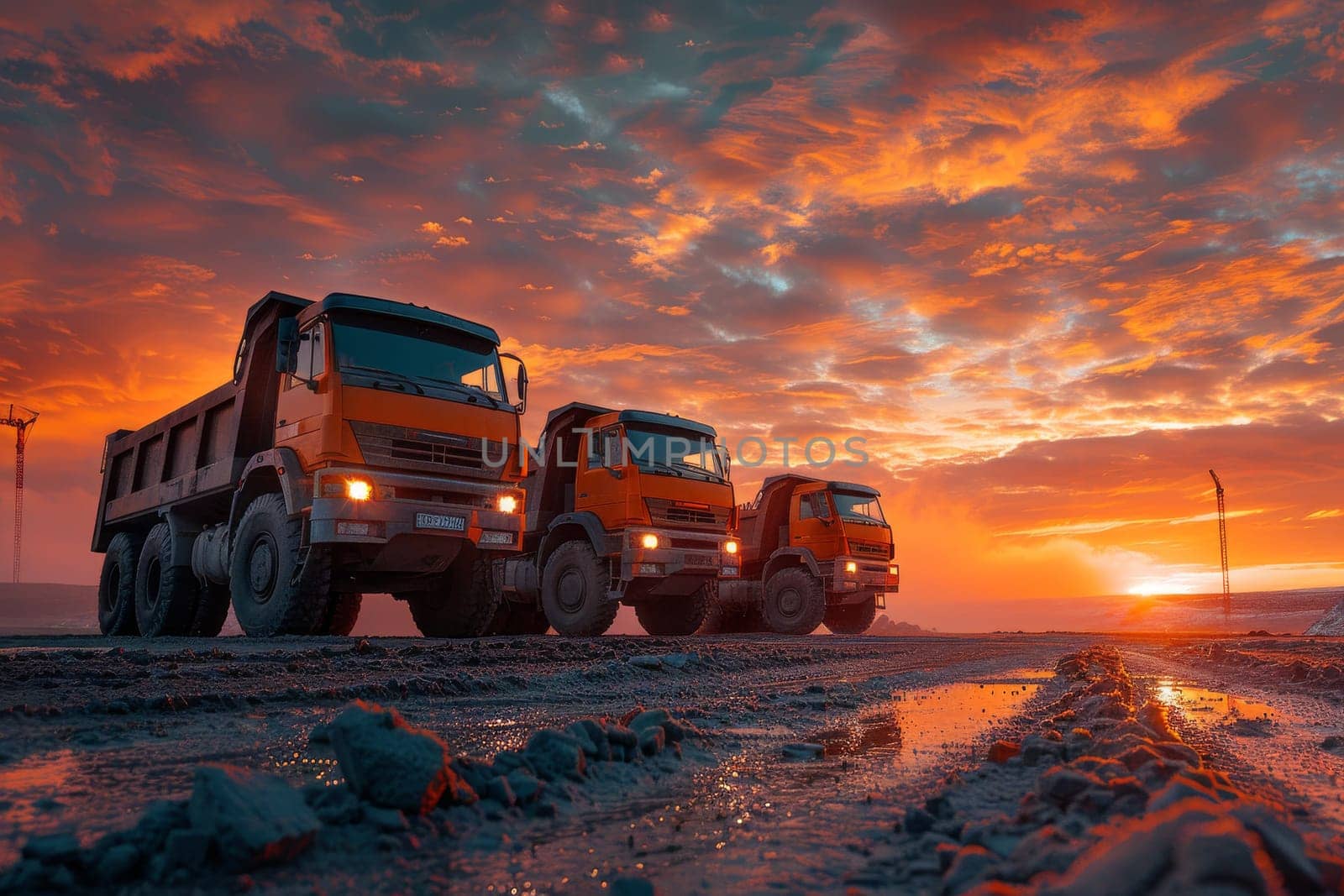 Three orange dump trucks are parked on a dirt road in front of a sunset. The sky is filled with clouds, creating a moody atmosphere