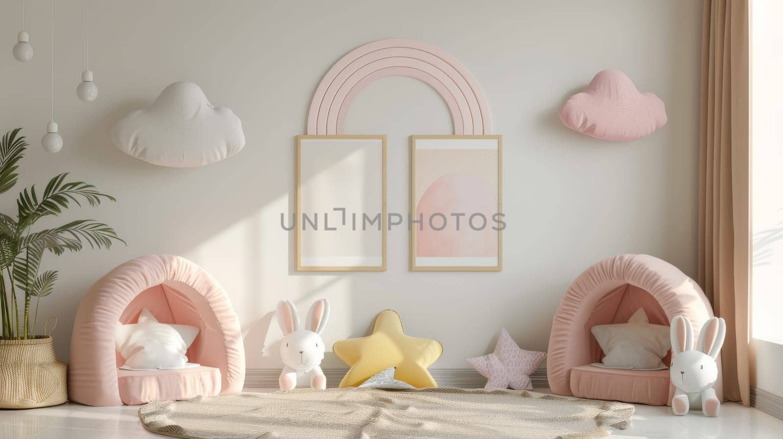 A room with a pink and white theme, featuring a pink and white star, a pink and white rabbit, and a pink and white cloud