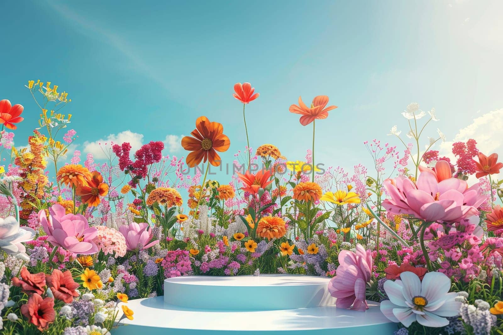 A beautiful field of flowers with a white pedestal in the middle. The flowers are in full bloom and the sky is clear and blue. Concept of peace and tranquility, as well as the beauty of nature